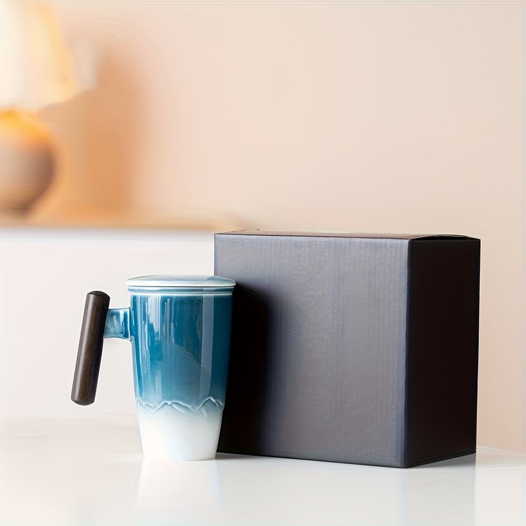 Mug en céramique de style vintage avec infuseur et poignée en bois
