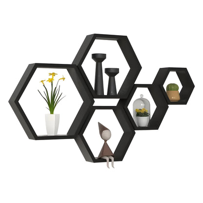 Ensemble de 5 étagères murales hexagonales rustiques en bois