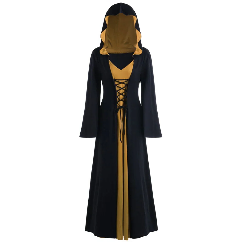 Gothic Women's Lace Up Hooded Cape Cloak Dress