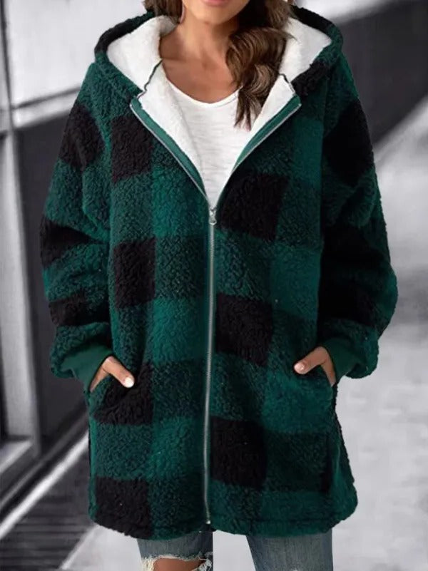 Relaxed Fit Plaid Hooded Coat for Women