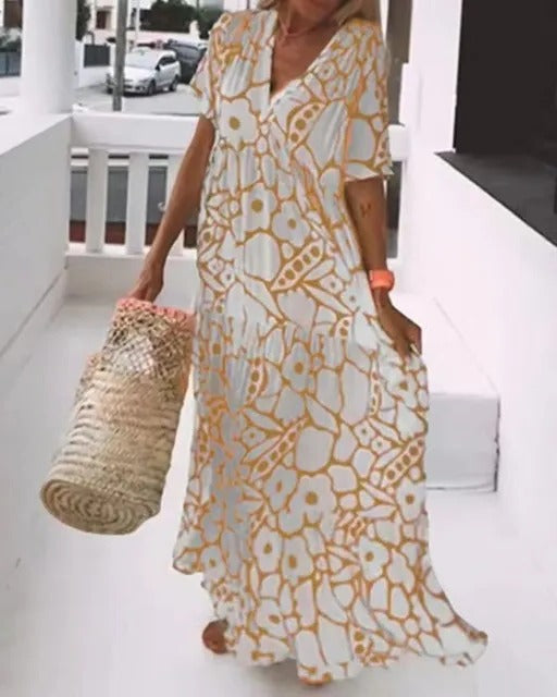 Casual Printed Summer Dress with Short Sleeves - Befez