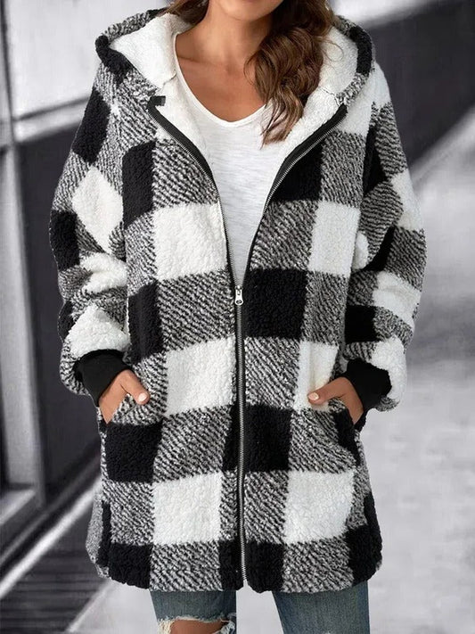 Relaxed Fit Plaid Hooded Coat for Women - Halri