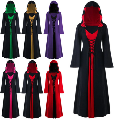 Gothic Women's Lace Up Hooded Cape Cloak Dress