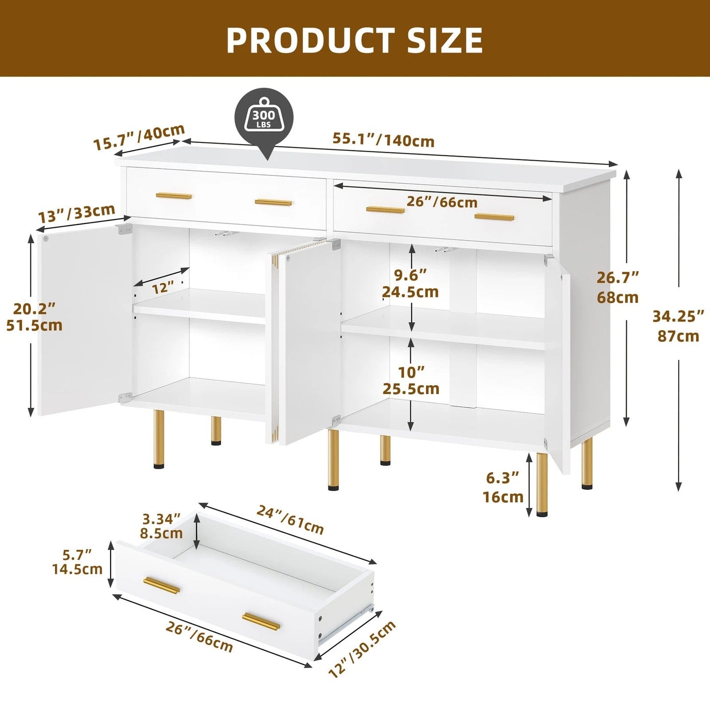 White Kitchen Storage Cabinet with 2 Drawers