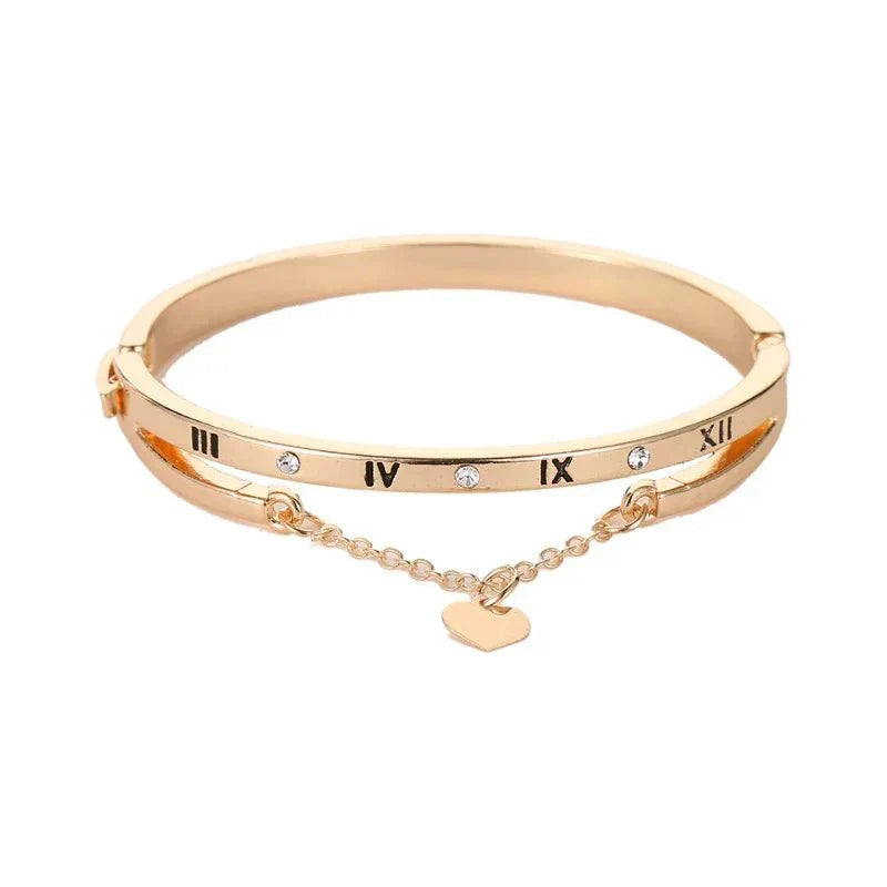 Elegant Heart Drop Roman Numeral Cuff Bangle - Halri