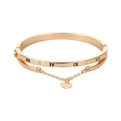 Elegant Heart Drop Roman Numeral Cuff Bangle - Halri