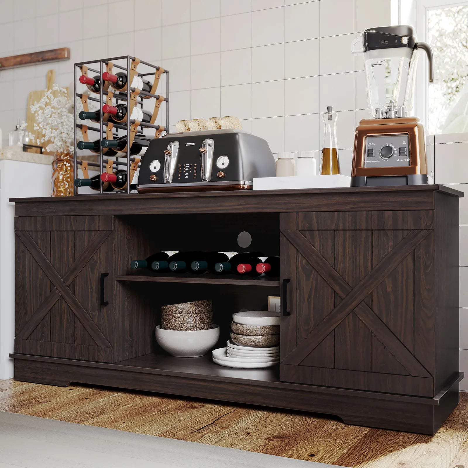 Rustic Coffee Station Cabinet With Shelves - Halri